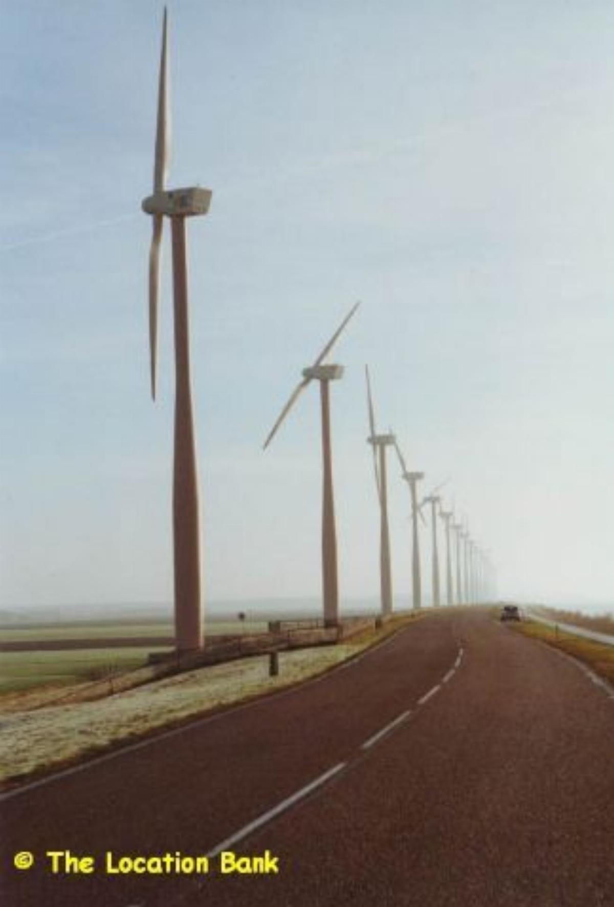 Weg met windturbines aan het water