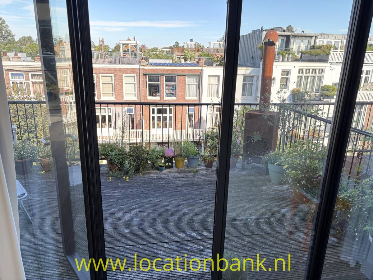 Balkon mit Topfpflanzen und einem Metallgeländer mit Blick auf angrenzende Stadthäuser.