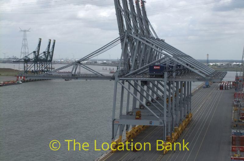 Harbour or container terminal with cranes