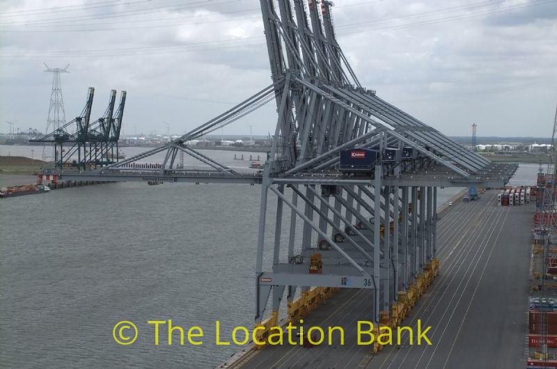 Harbour or container terminal with cranes