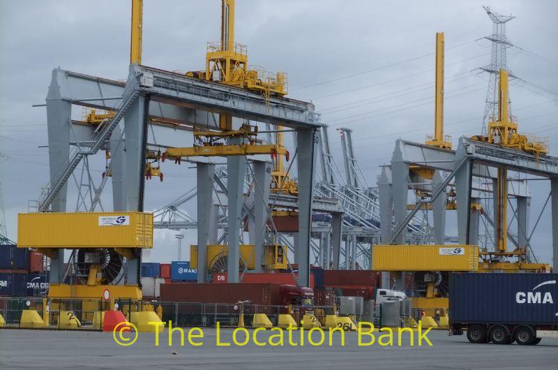 Harbour or container terminal with cranes