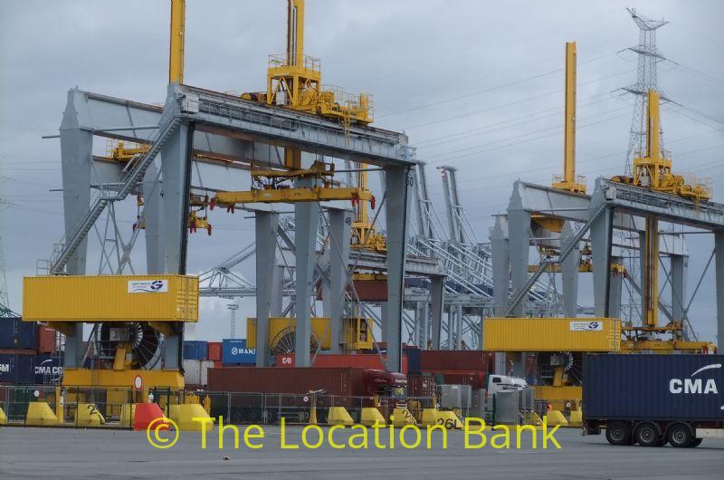 Harbour or container terminal with cranes