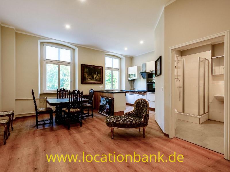 Zimmer mit einem Holzboden, einem Esstisch, einem Sessel, einer Küche und einem angrenzenden Bad mit einer gläsernen Duschkabine.