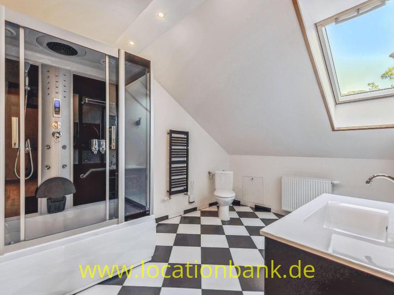 Badezimmer mit einer gläsernen Duschkabine, einer Badewanne, einer Toilette, einem Heizkörper und einem schwarz-weiß karierten Boden unter einem Dachfenster.