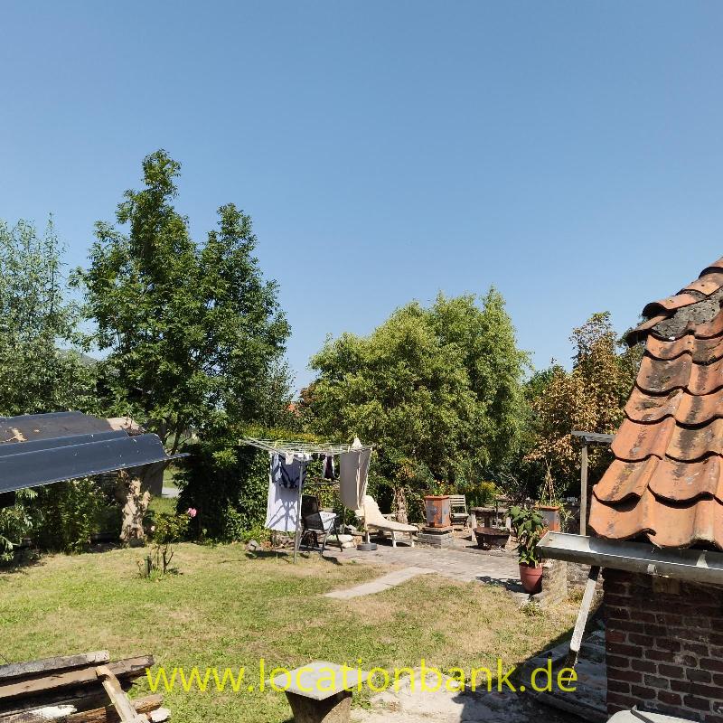 Ein grüner Garten Solarmodule, einen Wäscheständer mit Wäsche und ein rotes Ziegeldach zwischen den Bäumen.