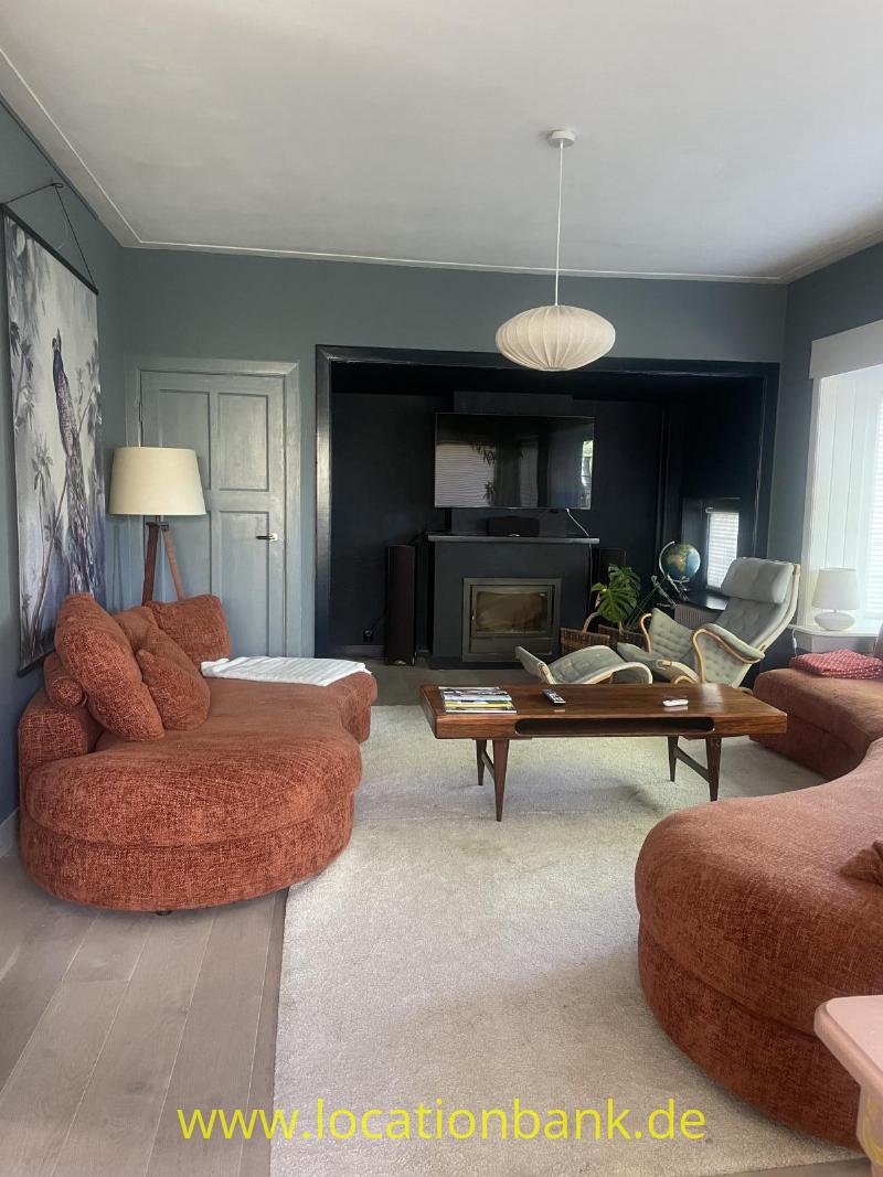 Ein Wohnzimmer mit rostfarbenen, abgerundeten Sofas, einem dunklen Kamin und einer Pendelleuchte über dem Couchtisch.