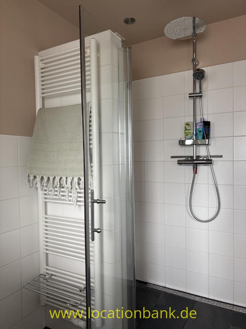 Bodengleiche Dusche mit Glastür, Handbrause und Regendusche neben einem weißen Handtuchheizkörper.
