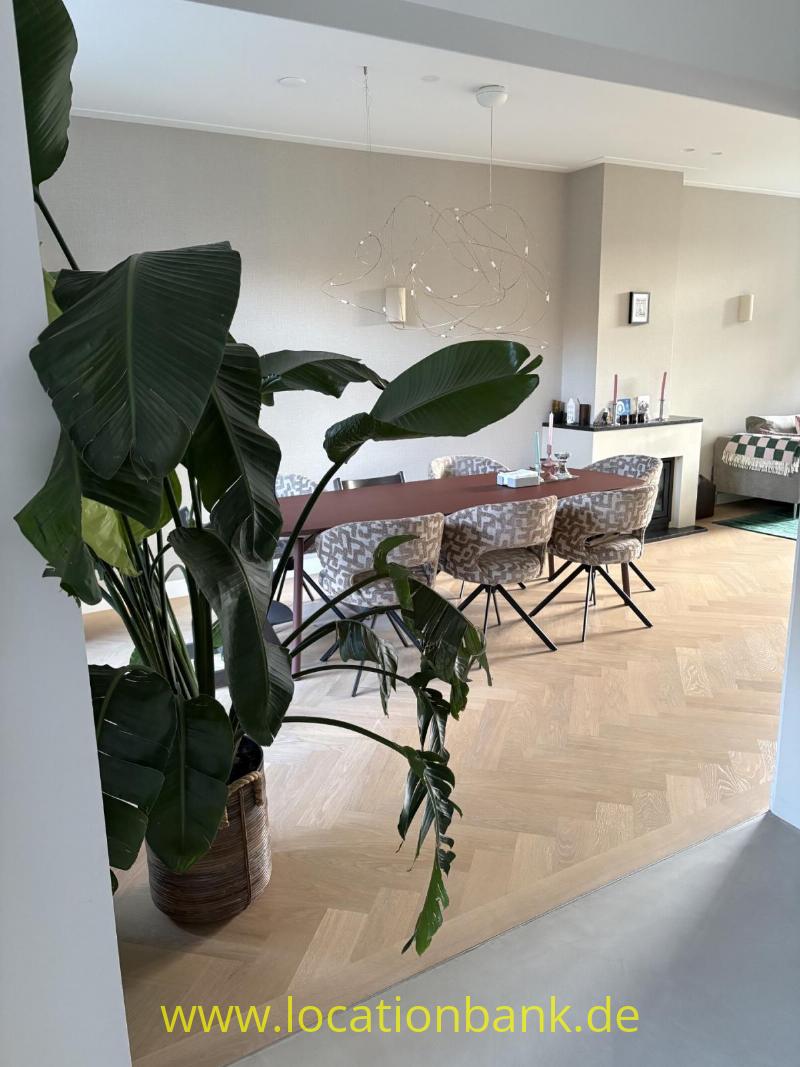 Esszimmer mit großen tropischen Pflanzen, einem langen Holztisch, Stühlen und einer markanten Pendelleuchte.
