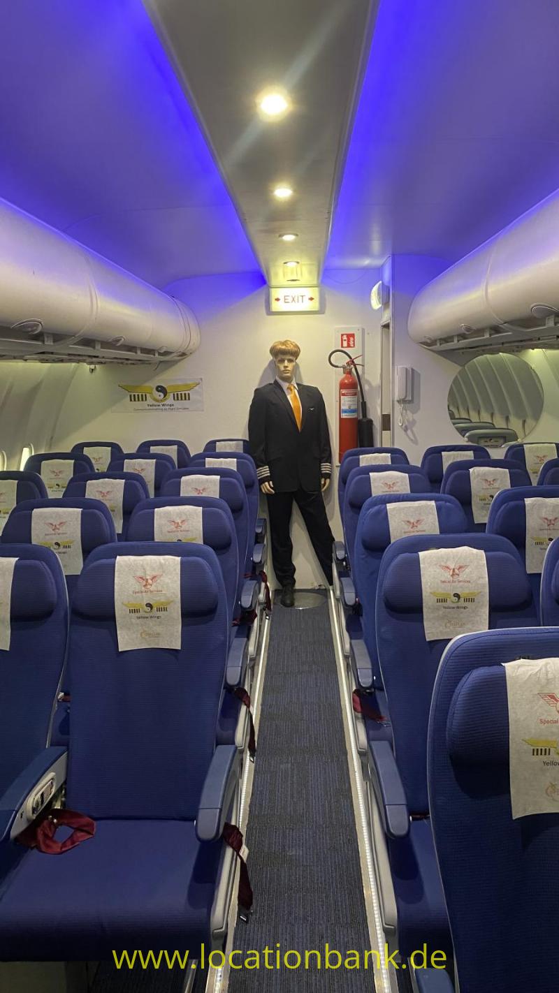 Eine Person steht im Gang einer Flugzeugkabine zwischen Reihen blauer Sitze und geöffneten Gepäckfächern.