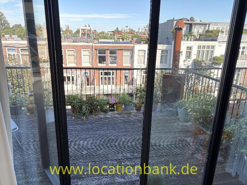 Balkon mit Topfpflanzen und einem Metallgeländer mit Blick auf angrenzende Stadthäuser.