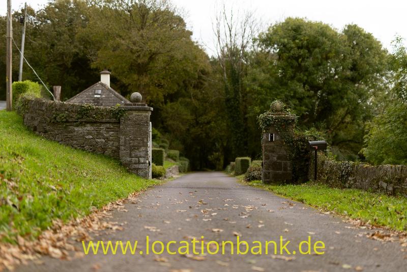 Schmaler asphaltierter Weg mit Steinmauern, zwei Torpfeilern und Bäumen neben einem freistehenden Haus.