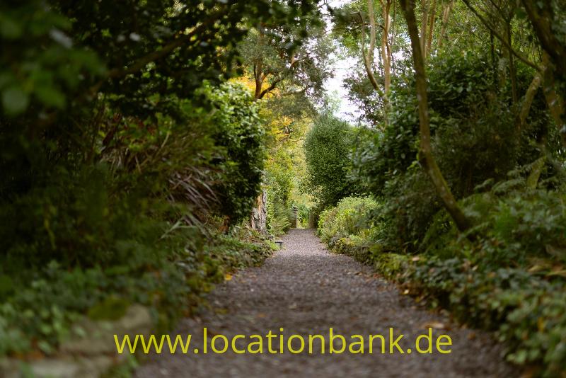Ein schmaler Kiesweg führt durch dichtes Grün mit hohen Bäumen und geschnittenen Sträuchern.