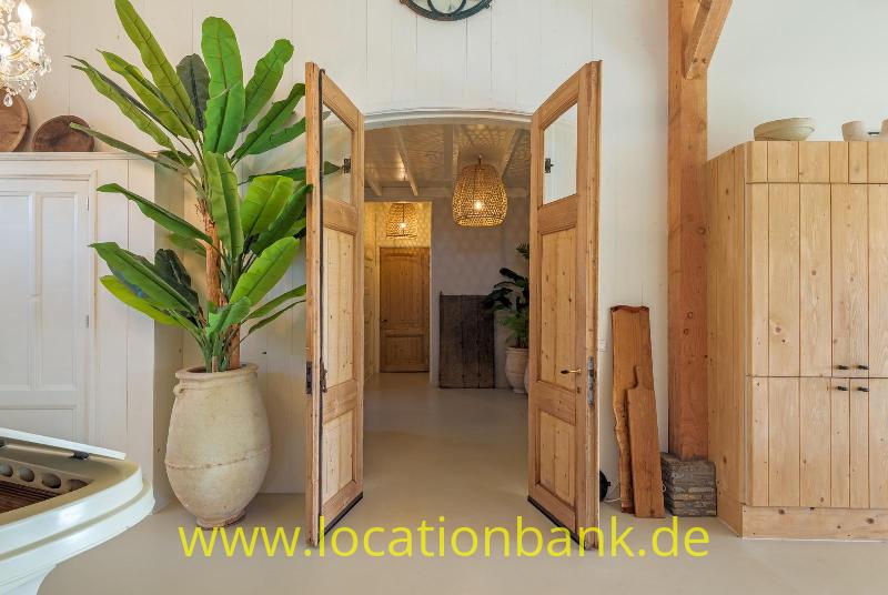 Offene hölzerne Doppeltüren geben den Blick auf einen hellen Flur mit großer Zimmerpflanze, Holzschrank und Pendelleuchte frei.