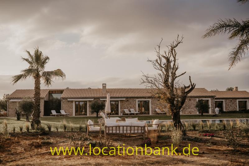 Einstöckiges Haus mit Ziegeldach, einem Garten mit Palmen und einem rechteckigen Swimmingpool.