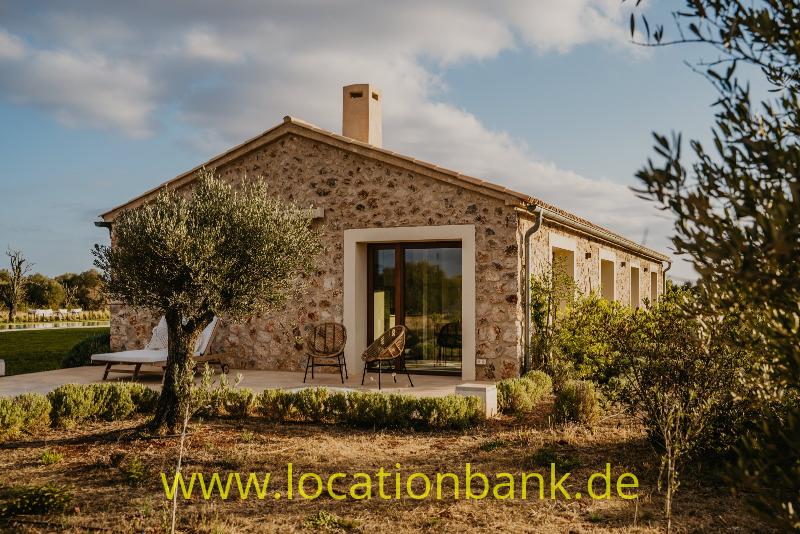 Steinhaus in Spanien mit Ziegeldach, Schornstein und Terrasse, umgeben von Olivenbäumen und einem angelegten Garten.