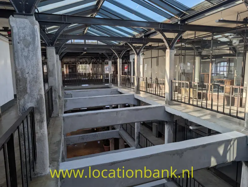 Meerdere betonnen loopbruggen met zwarte metalen balustrades onder een glazen dak in een open binnenruimte.