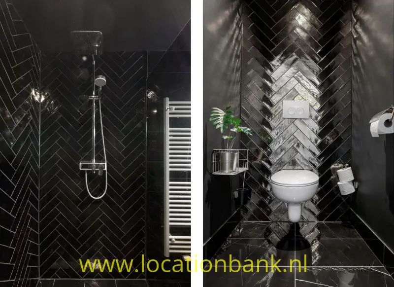 Zwarte badkamer met visgraattegels, een douche, een wit toilet en een witte handdoekradiator.