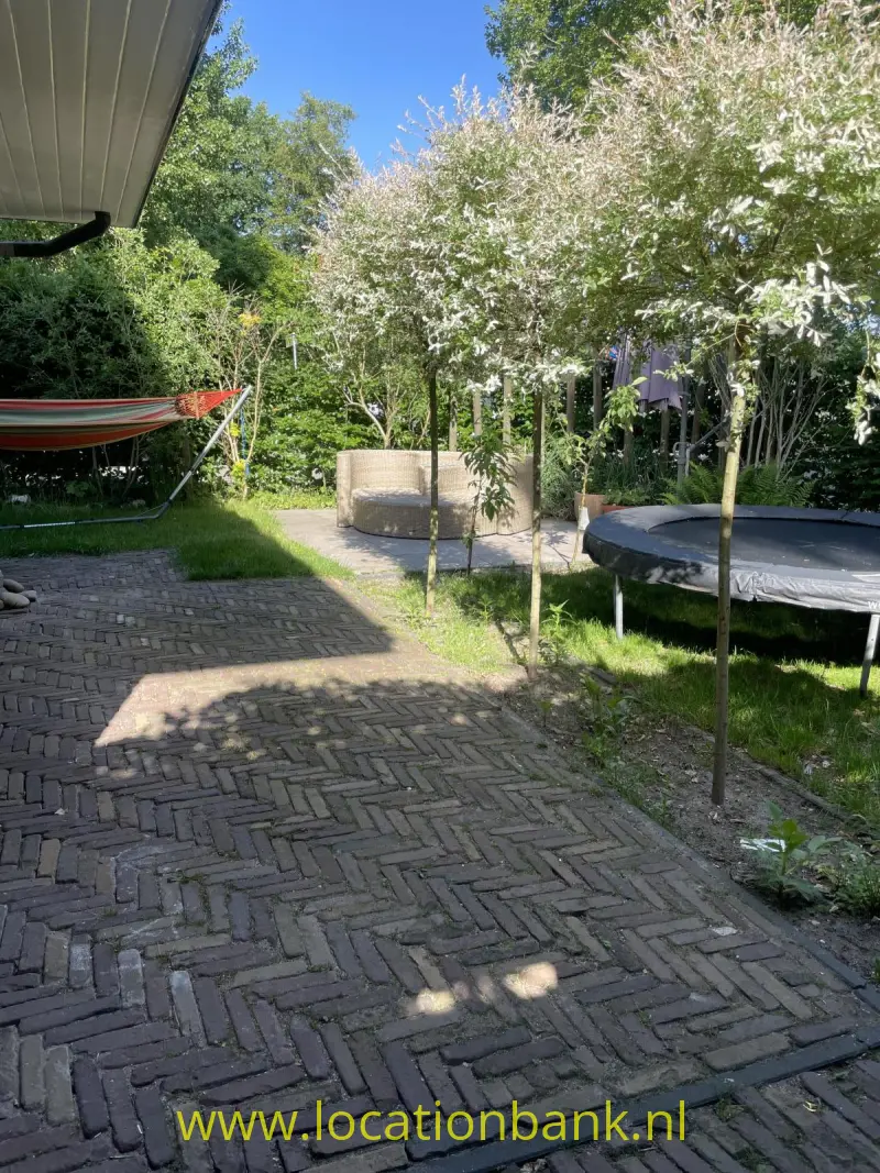 Een met klinkers bestraat terras in de tuin met jonge bomen, een trampoline en een hangmat tussen het groen.