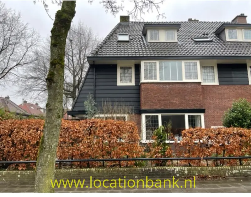Woning met donkere gevelbekleding, een bakstenen gevel, dakkapellen, dakramen, een haag en een boom.