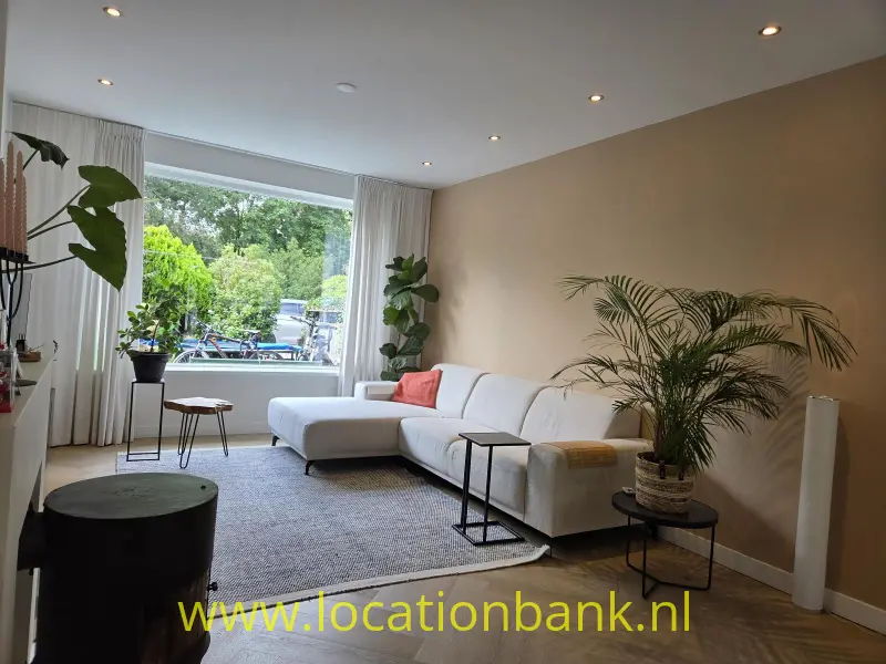 Woonkamer met een witte hoekbank, een groot raam met gordijnen en groene planten.