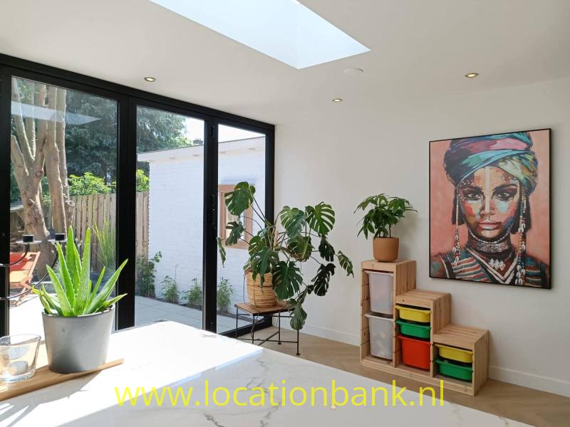 Ruimte met zwart omlijste glazen deuren, een dakraam, kamerplanten, houten opbergbakken en een portret aan de muur met uitzicht op de tuin.