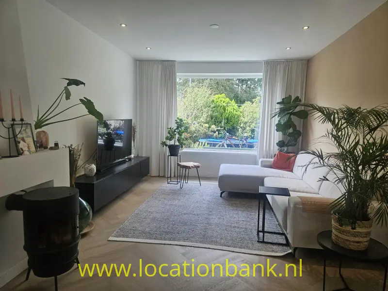 Lichte woonkamer met grote ramen, een hoekbank, kamerplanten, een vloerkleed en een visgraatvloer.