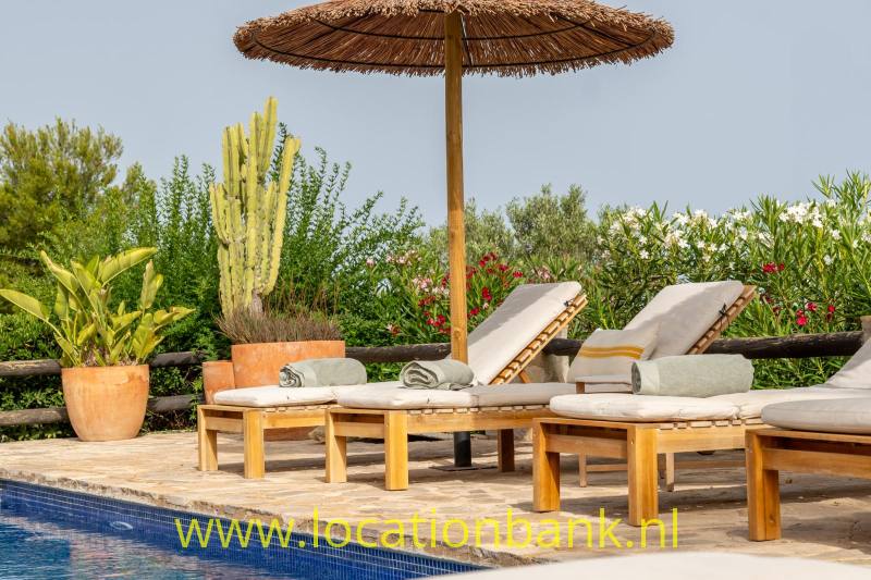 Houten ligstoelen met kussens staan onder een rieten parasol naast een betegeld zwembad en groen.