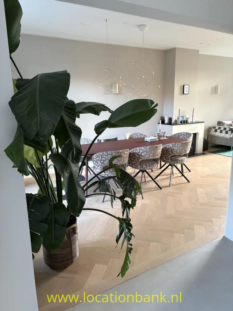 Eetkamer met grote tropische planten, een lange houten tafel, stoelen en een opvallende hanglamp.
