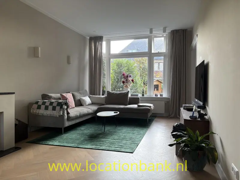 Woonkamer met een grijze hoekbank, grote ramen, een groen vloerkleed en een televisie aan de wand.