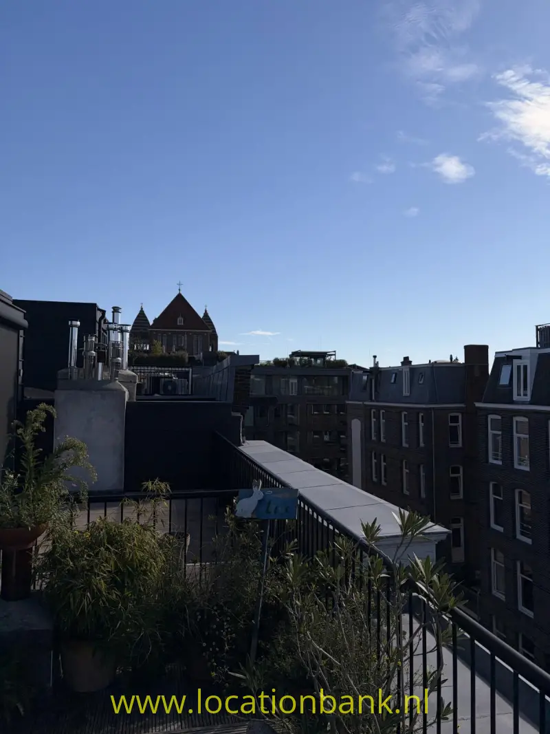 Dakterras met plantenbakken en metalen reling, omringd door bakstenen gebouwen en een spitse toren op de achtergrond.