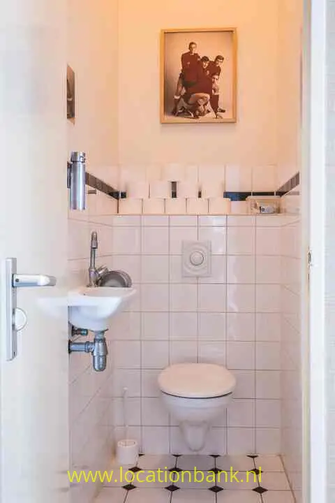 Een kleine betegelde toiletruimte met een wastafel, een hangend toilet en een ingelijste afbeelding aan de wand.