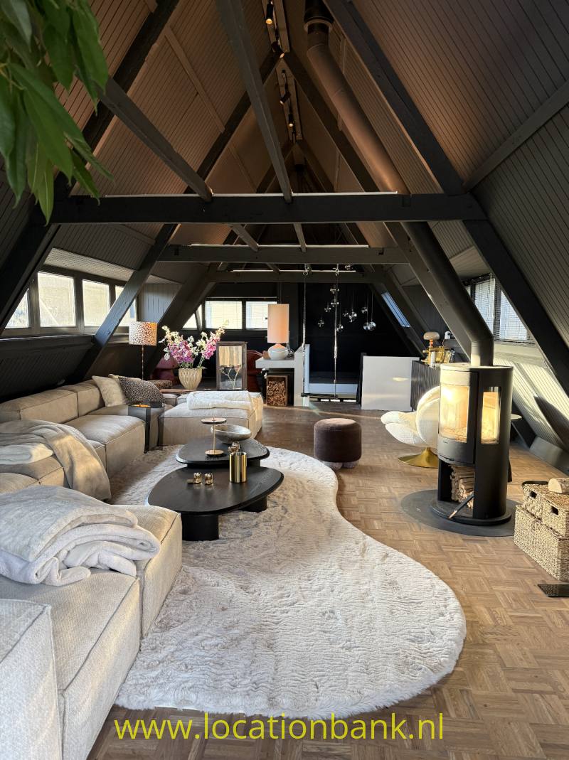 Lichte woonkamer onder een schuin dak met zichtbare houten draagbalken, zithoek en groot vloerkleed.