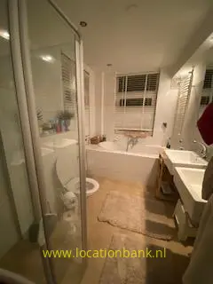 Badkamer met een ligbad onder het raam, een glazen douchecabine, een toilet en een wastafel.