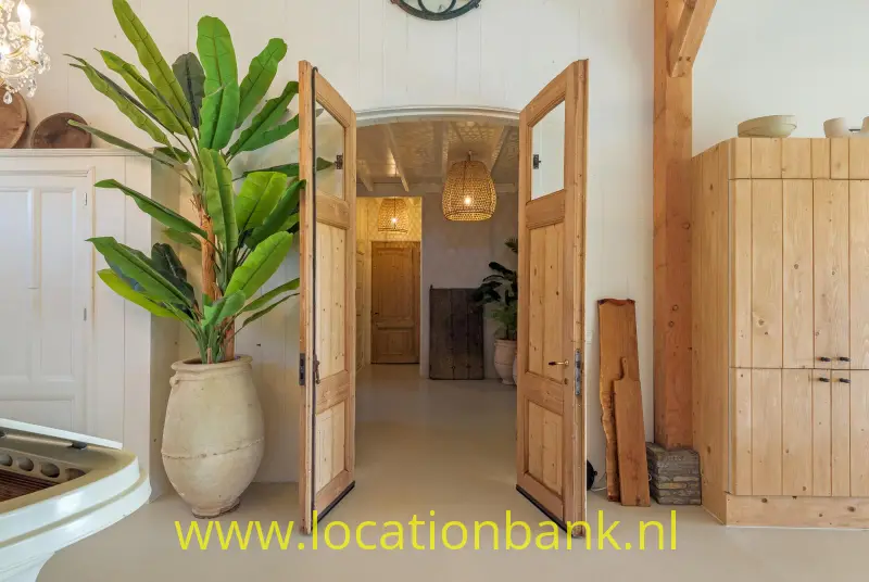 Open houten dubbele deuren geven zicht op een lichte hal met grote kamerplant, houten kast en hanglamp.