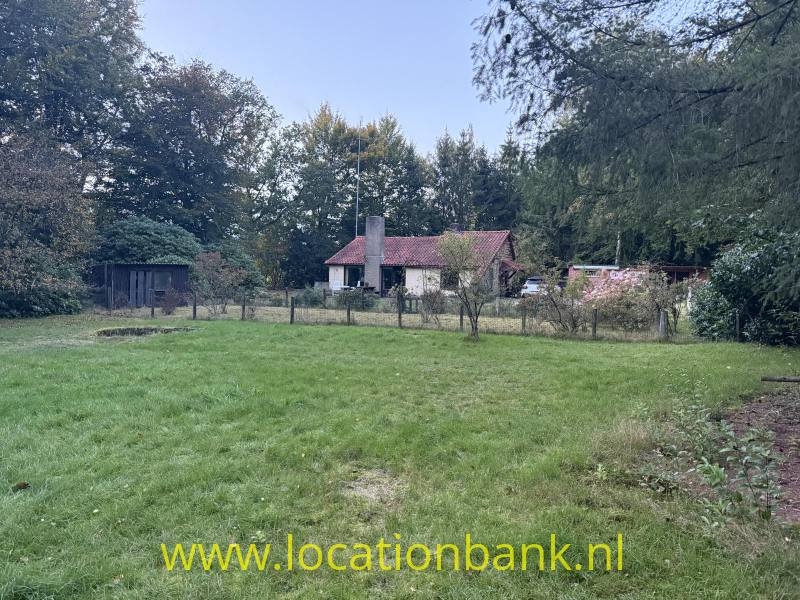 Huis met rood pannendak achter een grasveld, omgeven door bomen, een hekwerk en een houten schuurtje.