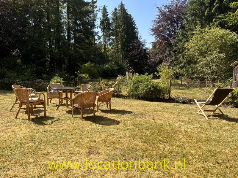 Tuin met een houten tafel, rieten stoelen en een ligstoel op een zonnig gazon.