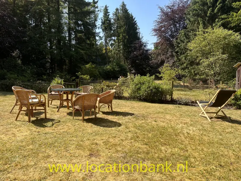 Tuin met een houten tafel, rieten stoelen en een ligstoel op een zonnig gazon.