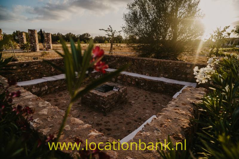 Lage stenen muren omringen kale grond tussen stenen resten, bloeiende planten en bomen in het tegenlicht.
