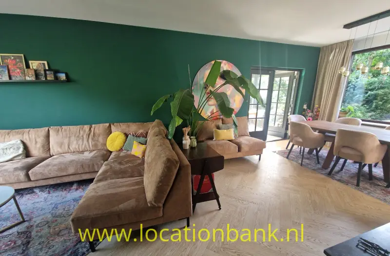Woonkamer met een groene muur, hoekbank, planten, eettafel en glazen deuren.