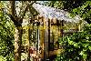 Small fairytail like greenhouse with glass walls and a corrugated translucent roof, surrounded by trees and dense greenery.