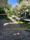 Eine gepflasterte Terrasse im Garten mit jungen Bäumen, einem Trampolin und einer Hängematte im Grünen.