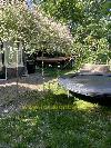 Ein Trampolin steht in einem grünen Garten neben einer Hängematte und einer gefliesten Terrasse.