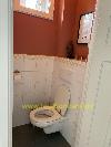 WC mit weiß gefliesten Wänden, einer dekorativen Fliesenbordüre, dunklen Bodenfliesen und terrakottafarbenen Wänden.
